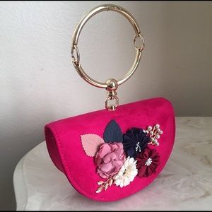 Pink suede floral clutch/crossbody bag
